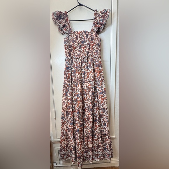 Love the Label Floral Paisley Smocked Tiered Ruffle Orange Blue Maxi Dress M - Picture 12 of 16